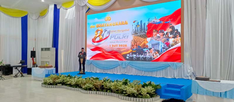 Bupati Hadiri Syukuran Hari Bhayangkara Bupati Tabalong, H Muhammad Noor Rifani saat menyampaikan sambutannya pada syukuran Hari Bhayangkara ke-80. (foto:mb/yan)
