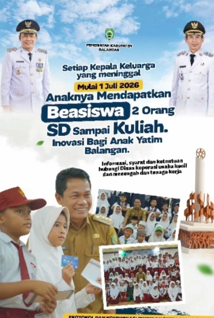 Bupati Balangan Abdul Hadi Luncurkan Beasiswa Anak Yatim ANAK YATIM-Mulai 1 Juli 2026, Pemkab Balangan resmi meluncurkan program beasiswa khusus bagi anak yatim, yang menjamin pendidikan dua orang anak dari setiap kepala keluarga yang meninggal dunia, mulai dari jenjang Sekolah Dasar (SD) hingga perguruan tinggi. (foto:mb/ist)
