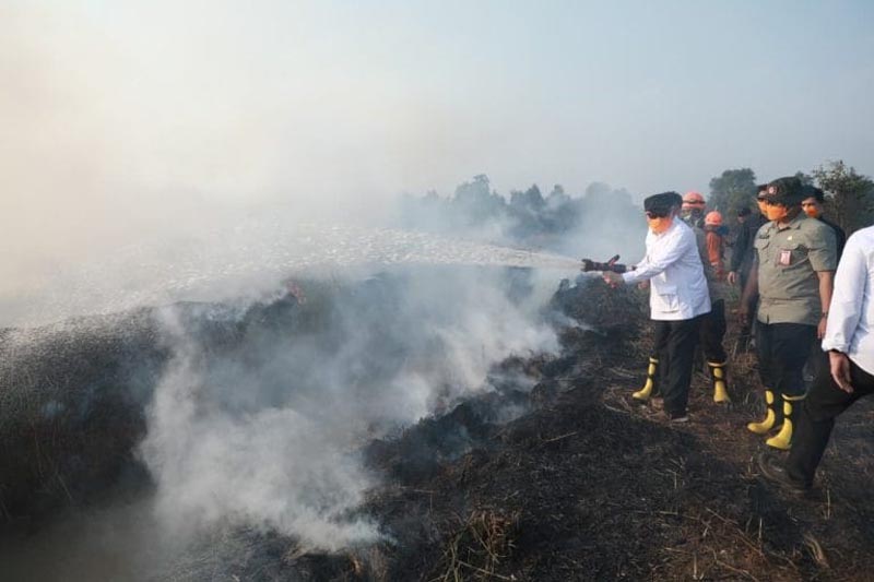Gubernur-Forkopimda Turun Langsung Padamkan Karhutla GUBERNUR Kalimantan Selatan H Muhidin menyemprotkan air pada api yang masih menyala di lokasi kebakaran hutan dan lahan (Karhutla) kawasan Pengayuan, Liang Anggang, Kota Banjarmasin.