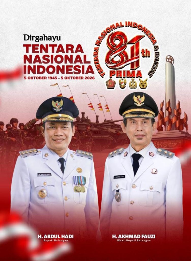 Bupati dan Wabup Balangan Sampaikan Selamat HUT ke-81 TNI, Apresiasi Dedikasi untuk Negeri UCAPAN SELAMAT-Bupati Balangan H. Abdul Hadi bersama Wakil Bupati H. Akhmad Fauzi menyampaikan ucapan selamat memperingati Hari Ulang Tahun (HUT) ke-81 Tentara Nasional Indonesia (TNI).{{ist}}
