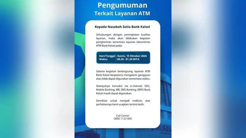 Bank Kalsel Sempat Sementara Penghentian Layanan ATM untuk Pemeliharaan